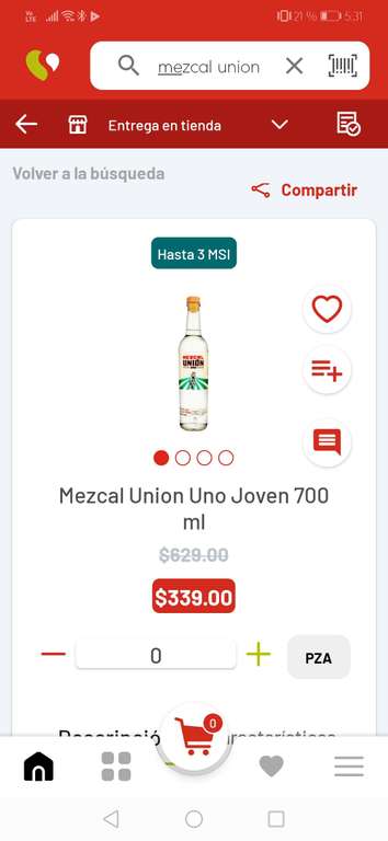 Soriana tienda física y app: mezcal unión uno joven de 700 ml, $339.00 a 3 MESES SIN INTERESES!!