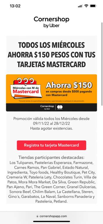 Cornershop: Ahorra $150 todos los miércoles con tarjeta Mastercard