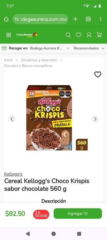 Bodega Aurrerá Despensa: cereal Kellogg's choco Krispys 1x82.50 2x110
