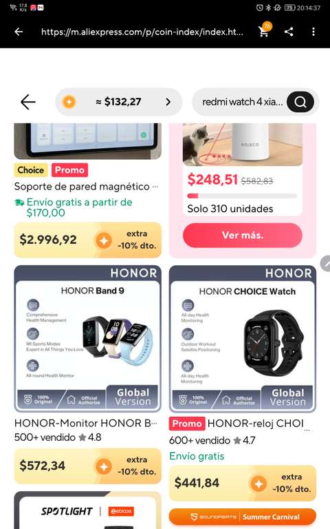 AliExpress, Honor Choice Watch. 325 MXN pagando en dólares y con momedas