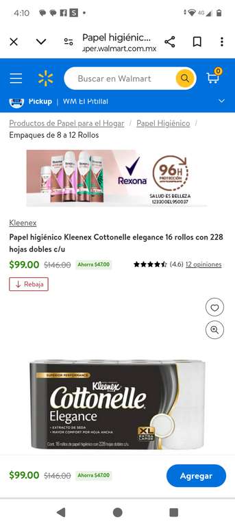 Walmart: Papel higiénico Kleenex Cottonelle elegance 16 rollos con 228 hojas dobles c/u