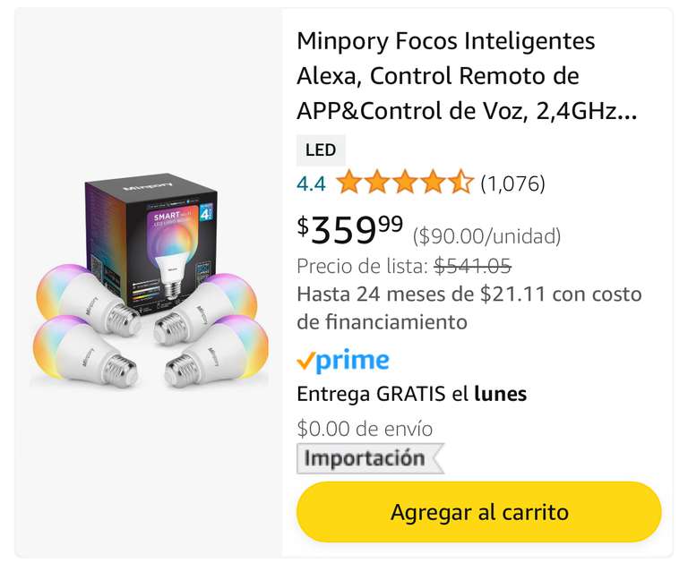 Amazon: Minpory 4 Focos Inteligentes LED, E27 10W, compatibles con Alexa y Google, WIFI y Bluetooth