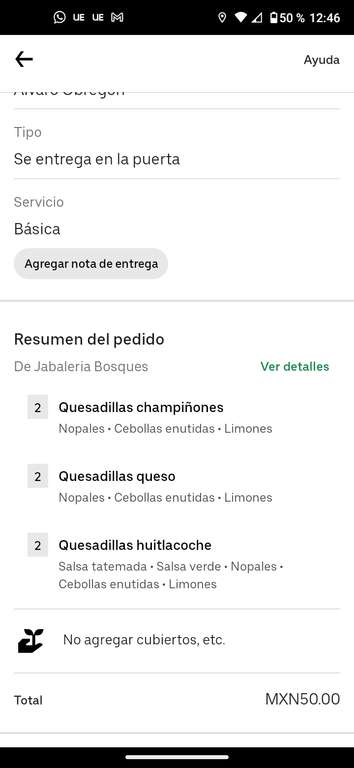 6 quesadillas en Jabaleria Bosques por 50 pesos en Uber eats (2×1 y más un cupón de $130 de descuento gastando $350)