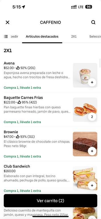 UBER EATS: CAFFENIO 2x1 en alimentos y postres - Culiacán