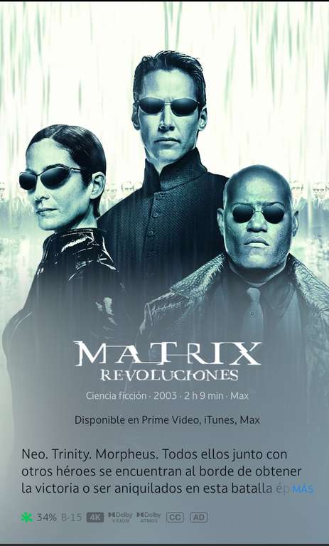 Itunes: Trilogía Matrix, (Sí, sólo son 3) en4K, Dolby Vision, Dolby Atmos ($39 c/u)
