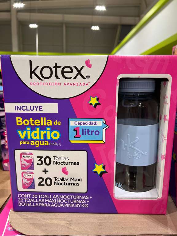 Chedraui selecto Oaxaca: 50 Toallas femeninas Kotex + Botella de vidrio para agua Pink by Kotex