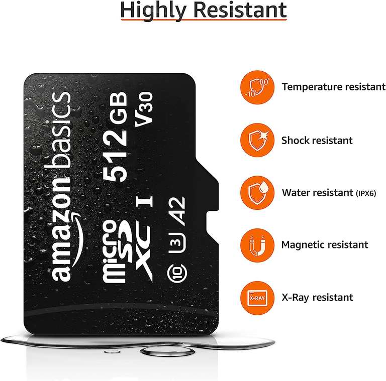 Amazon Basics - Tarjeta de memoria microSDXC de 512 GB con adaptador de tamaño completo, 100 MB/s, U3