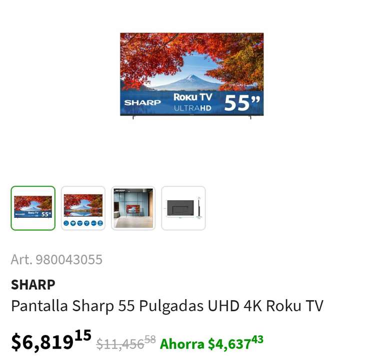 Sams: Pantalla Sharp 55 Pulgadas UHD 4K Roku TV