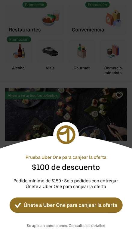 Uber Eats - $100 de descuento al contratar Uber One