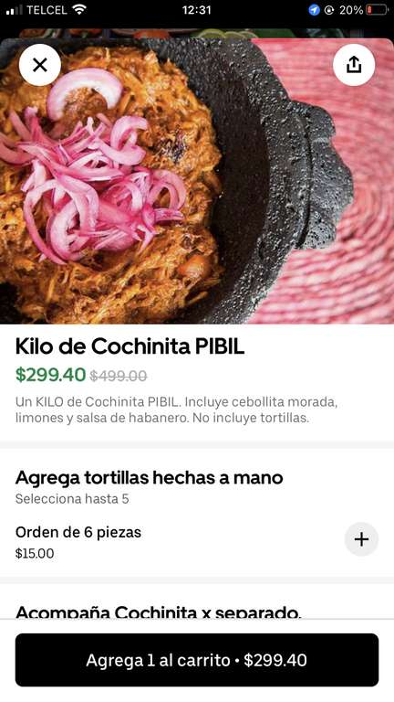 1 KG de Cochinita PIbil a 89.40 Pesitos con UBER EATS ONE en Sabores Mexico (Sucursal ROMA)