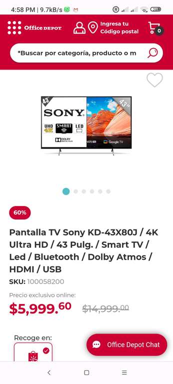 Office Depot: Pantalla TV Sony KD-43X80J / 4K Ultra HD / 43 Pulg. / Smart TV / Led / Bluetooth / Dolby Atmos / HDMI / USB