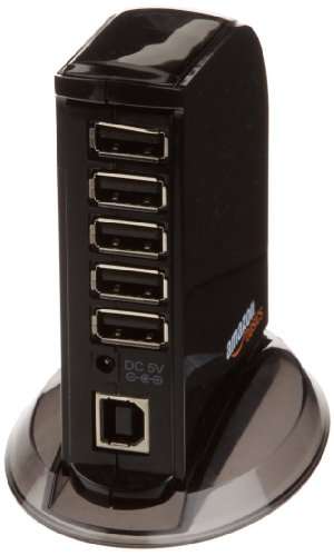 Amazon Basics - Torre de concentrador USB 2.0 de 7 puertos con adaptador de corriente de 5 V/4 A