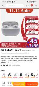 Aliexpress: Audífonos Redmi buds 4 pro global version (precio con cupón 11SAhmedGet6)