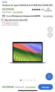 Walmart: MacBook Air Apple MGN63LA/A M1 8GB RAM 256GB SSD (BONIFICACION 15% PAGANDO CON CASHI $11,461)