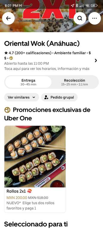 Uber Eats [Member One]: Error con rollos 2x1 + Descuento de $60, Oriental Wok MTY (leer descripción)