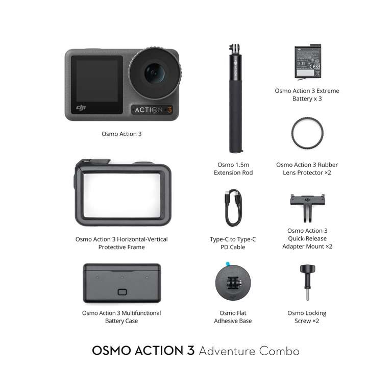 Amazon: DJI Pack Aventura Osmo Action 3 - Cámara de acción 4K/120 fps, Soporte Vertical, Sumergible a 16 m, videoblogs, Brazo Extensible