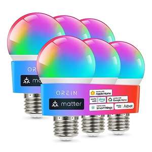 Amazon: Paquete de 6 focos LED inteligentes con estandar Matter (Alexa, Google, Siri, Smarthings) multicolores de 9w.