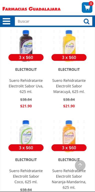 Farmacias Guadalajara. Electrolit 625 ml 3 X $60