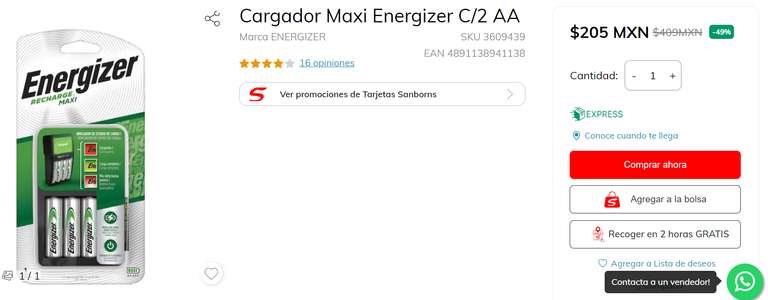 Sanborns: Cargador de 4 baterias para AA y AAA