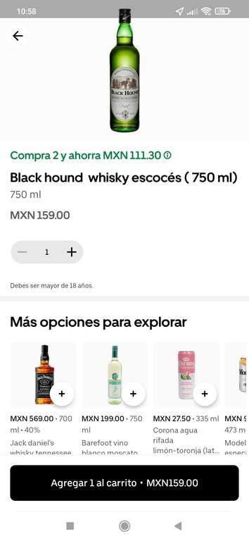 UBER EATS: SORIANA POMO-DESCUENTOS, AL COMPRAR DOS POMOS| Ejemplo: 2 whisky Black hound 750 mL