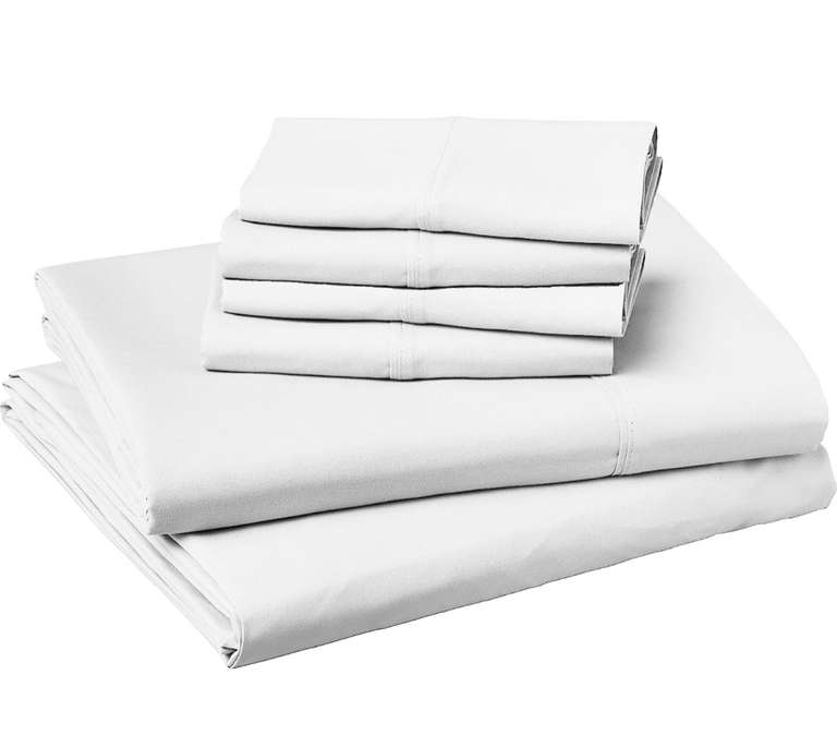 Amazon Basics: Juego de sábanas de microfibra ligera con cuatro fundas de almohada, tamaño Queen, blanco brillante | Envío gratis con Prime
