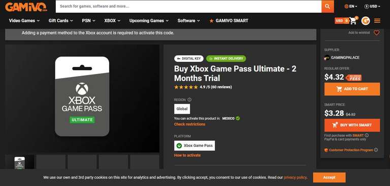 Gamivo: Xbox Game Pass Ultimate - 2 Meses (sin vpn)