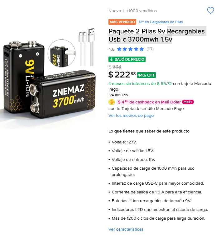 Mercado Libre - 2 Baterias 9v cuadrada recargables por medio Usb-c de 3700mwh 1.5v
