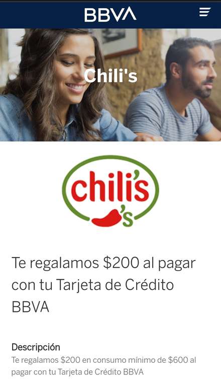Chili's: $200 descuento al pagar mínimo $600 con tu Tarjeta de Crédito BBVA (algunos estados)