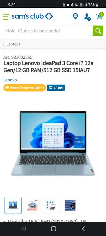 Sam's Club: Laptop Lenovo IdeaPad 3 Core i7 12a Gen/12 GB RAM/512 GB SSD 15IAU7 con bbva TDC a MSI