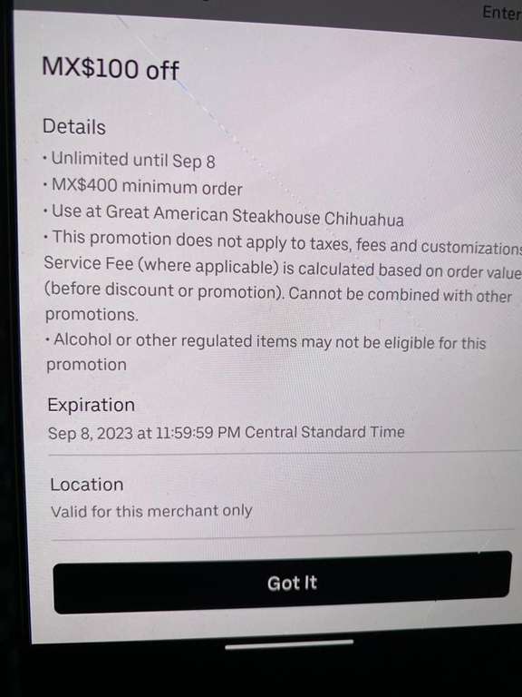 Uber Eats: 2x1 y cupón de $100 en Great American Steakhouse Chihuahua