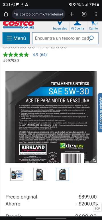 Costco: Aceite Sintético Kirkland 5w30 | 2 botellas de 4.73 L