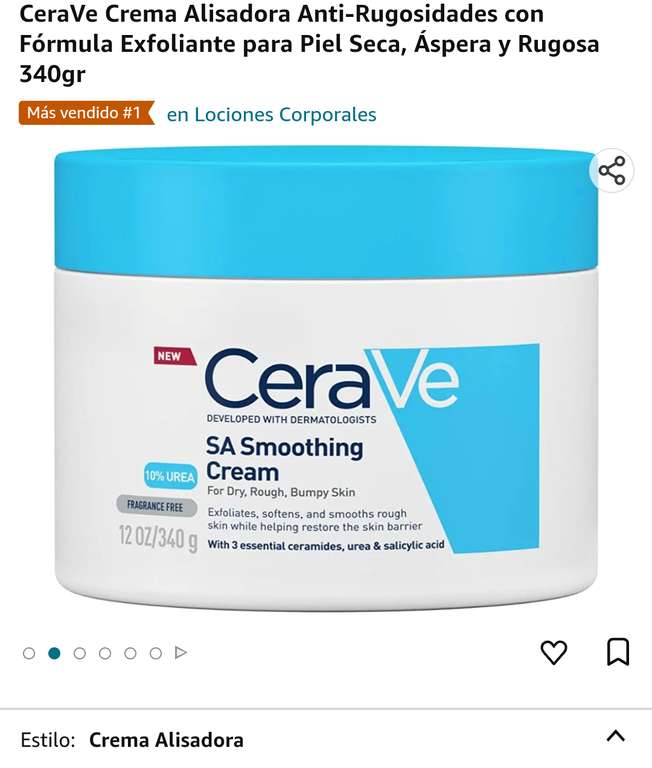Amazon: CeraVe Crema Alisadora Anti-Rugosidades con Fórmula Exfoliante para Piel Seca, Áspera y Rugosa 340gr