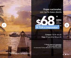 Volaris: Viajes nacionales, con tarifa base desde $68*MXN, viaje sencillo