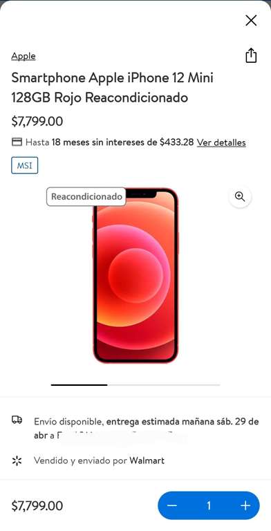 Walmart: iPhone 12 Mini 128GB Rojo Reacondicionado con BBVA