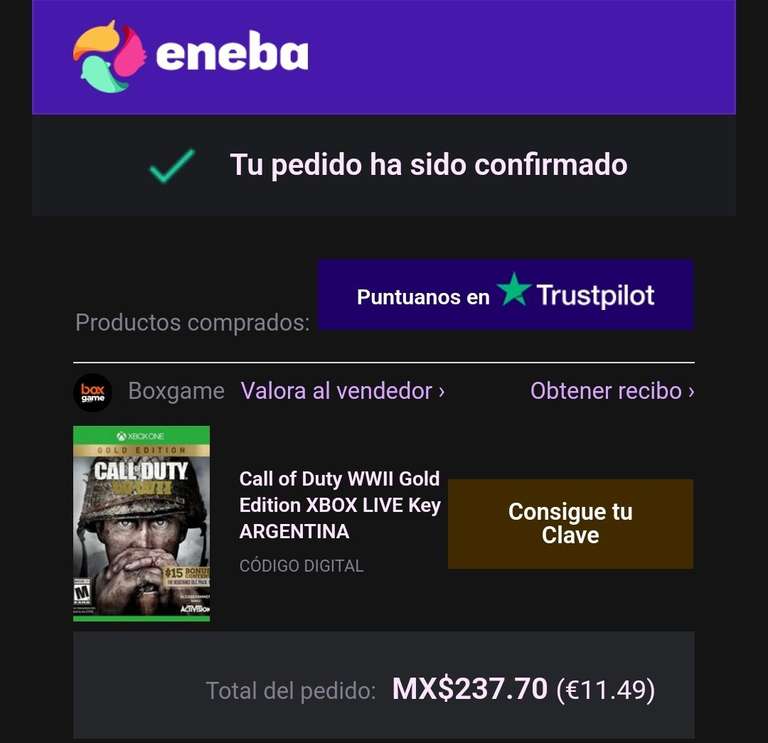 Eneba: Call of duty WW2 Gold Edition Xbox One, key Argentina para usar VP N