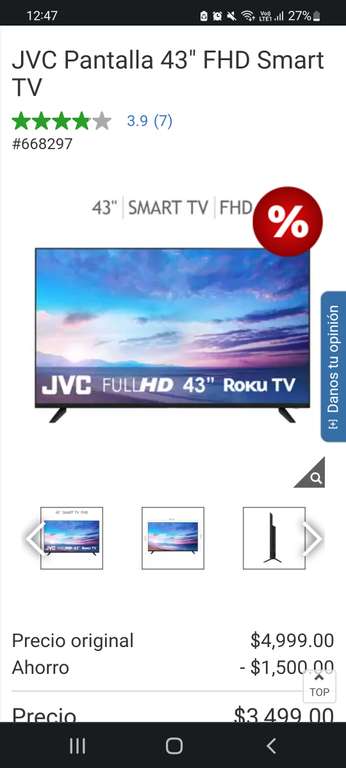 Costco: JVC Pantalla 43" FHD Smart TV