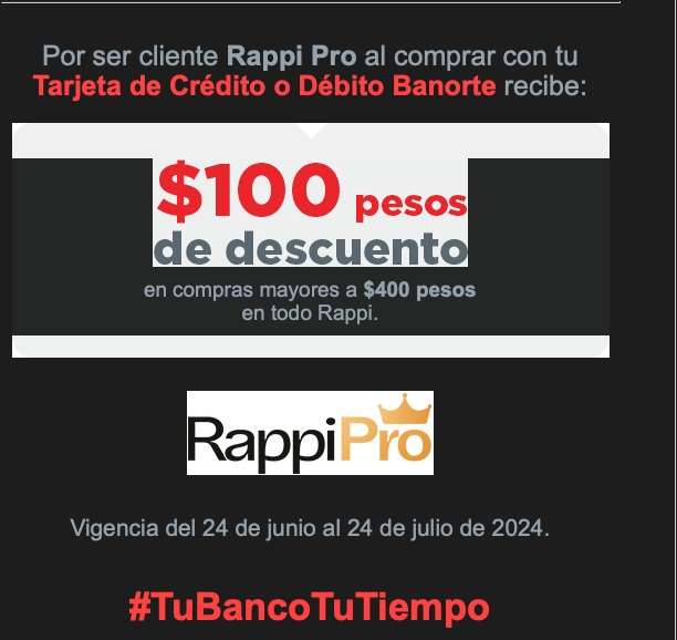 Banorte: $100 de Descuento en Rappi siendo Rappi Pro (pagando con TDC o TDD) | Compras mayores a $400