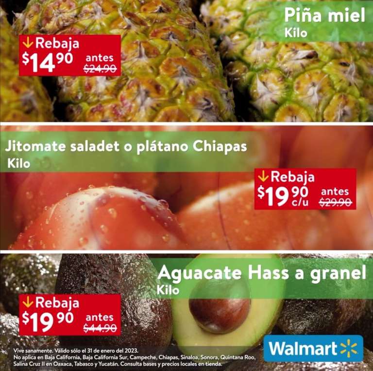 Walmart: Martes de Frescura 31 Enero: Piña $14.90 kg • Jitomate ó Plátano ó Aguacate $19.90 kg