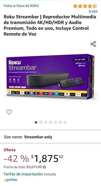 Amazon: Roku Streambar | Reproductor Multimedia de transmisión 4K/HD/HDR y Audio Premium, Todo en uno, Incluye Control Remoto de Voz