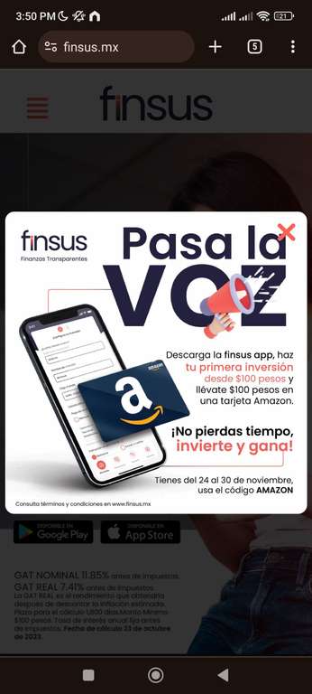 Finsus: descarga la app e invierte $100 y te regala $100 en una tarjeta de Amazon