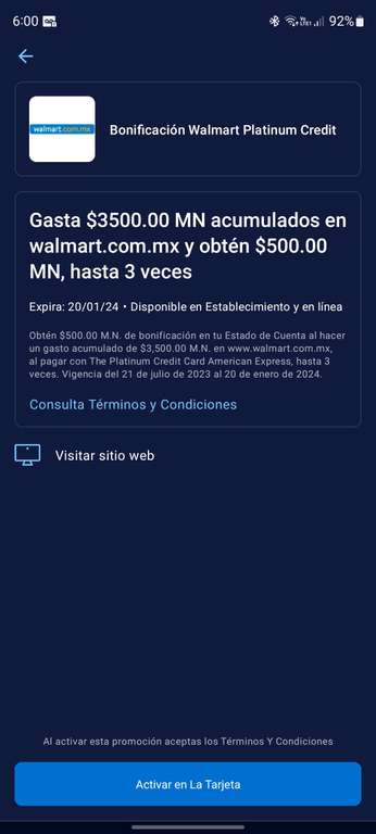 American Express: Bonificación de $500 al acumular $3500 en Walmart Express México y Walmart México, hasta 3 veces.