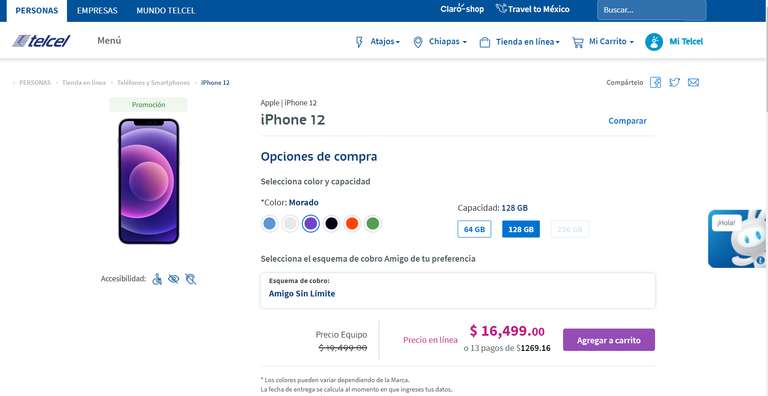 Telcel: iPhone 12 128gb + Santander