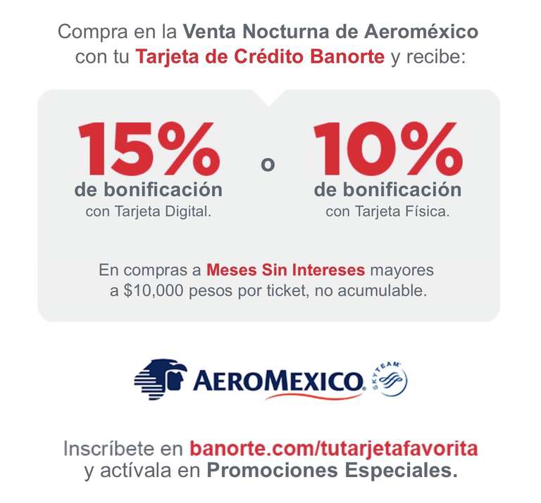 Venta Nocturna Aeroméxico: 15% de bonificación con TDC Banorte a MSI