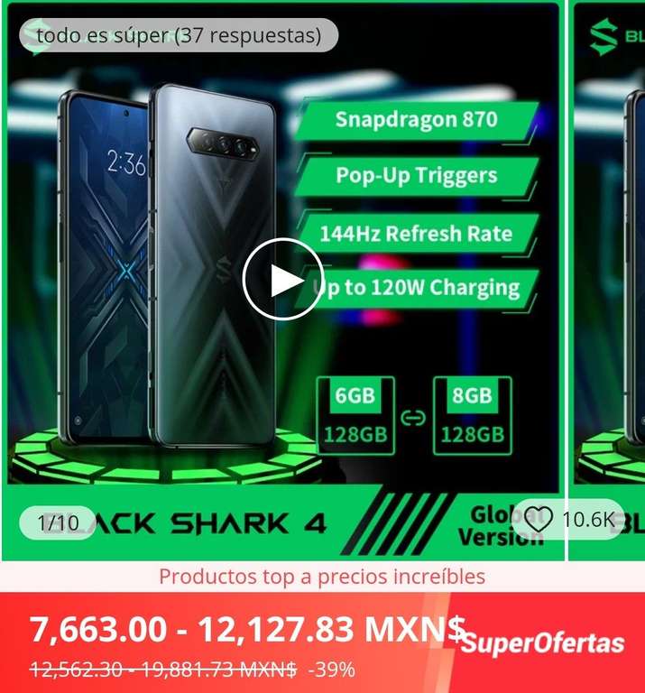 AliExpress: BLACK SHARK 4 TELÉFONO MÓVIL 5G VERSIÓN GLOBAL 6GB 128 ROM