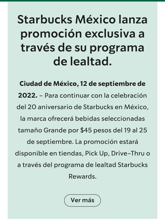 Starbucks Rewards - Bebidas Grandes seleccionadas a 45 pesos