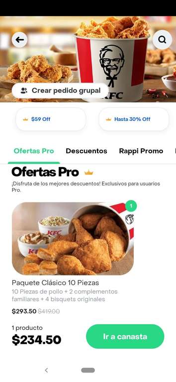Rappi 10 piezas de pollo KFC más complementos usuarios seleccionados