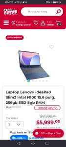 Office Depot: Laptop Lenovo IdeaPad Slim3 Intel N100 15.6 pulg. 256gb SSD 8gb RAM (pagando con kueski pay)