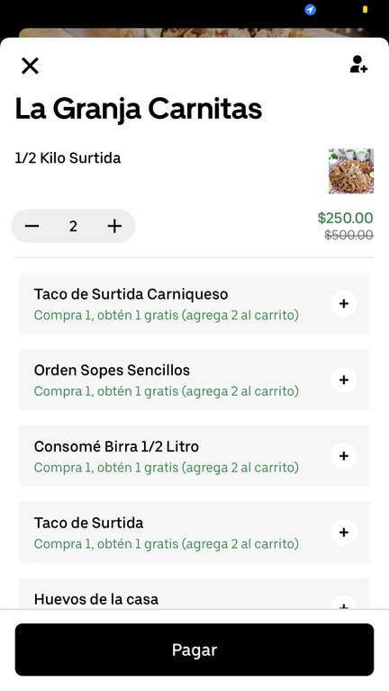 Uber Eats y La granja Carnitas: Kilo de carnitas (Surtida) por 105 pesitos | Uber One |