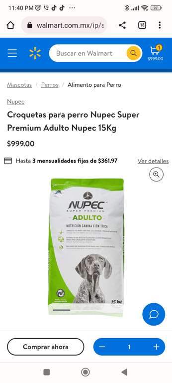 Walmart: Croquetas para perro Nupec Super Premium Adulto Nupec 15Kg