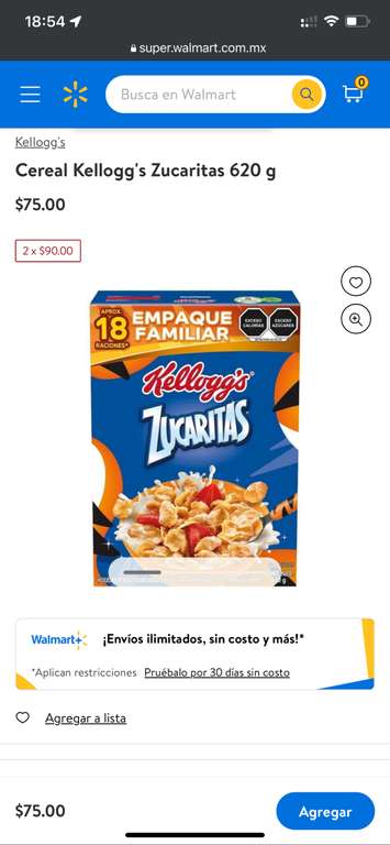 Walmart: Cereal Kellogg's Zucaritas 620 g (2 piezas por 90 pesos)